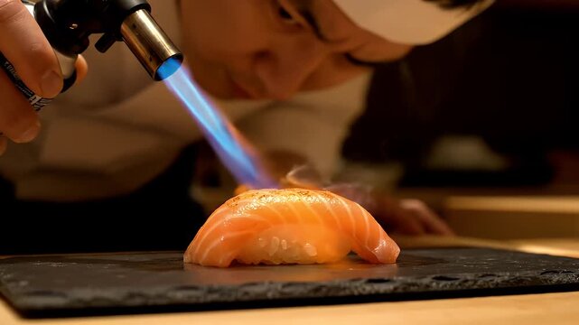 Chef sears salmon sushi with a blowtorch for a gourmet dining experience
