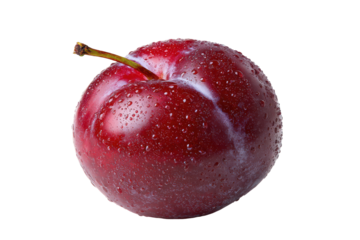 Single ripe red plum with water droplets isolated on transparent background. Single ripe red plum with water droplets isolated on white background.