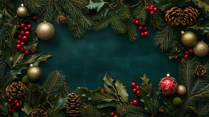 Festive holiday decor with pine branches ornaments and lines on green background