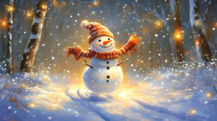 Funny energetic snowman running through a snow-covered path