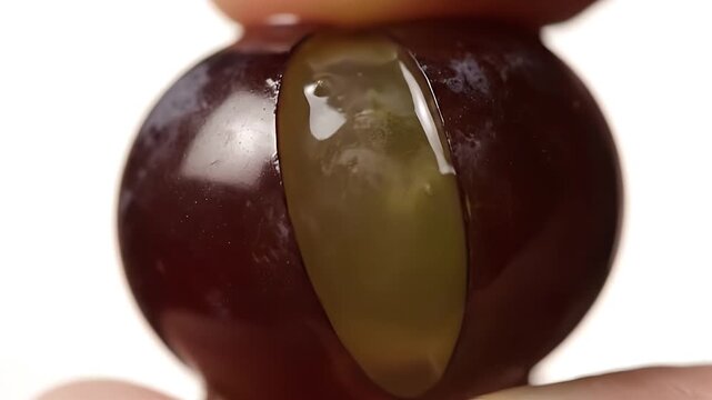 Close-up of a ripe purple grape being gently squeezed, revealing its juicy green pulp