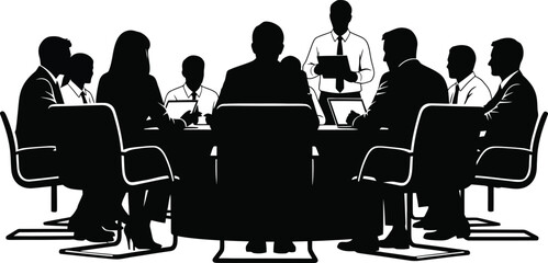 Business people meeting around conference table silhouette vector