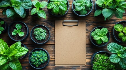 Overhead View of Potted Herbs and Clipboard on Rustic Wooden Table