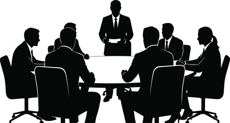 Business people meeting around conference table silhouette vector