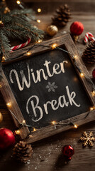 A cozy holiday still life with a chalkboard reading &ldquo;Winter Break,&rdquo; surrounded by festive lights and ornaments, symbolizing rest, warmth, and seasonal joy.