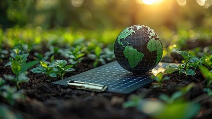 Earth Globe on Solar Panel in Lush Garden, Sustainable Energy Concept.