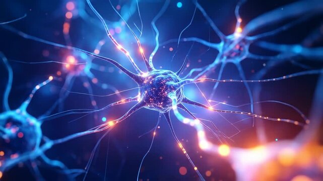 Close-up of a neuron cell with glowing details, showcasing its intricate structure and vibrant colors.