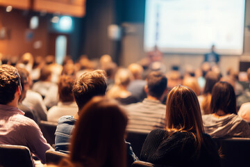 People students attending a lecture at an auditorium, view from back