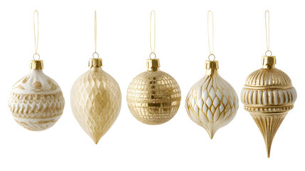 Set of six hanging golden Christmas ornaments in different textures and patterns on a white background