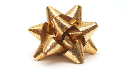 Shiny golden gift bow with textured ribbon loops on a white background