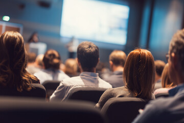 People students attending a lecture at an auditorium, view from back