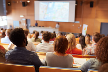 People students attending a lecture at an auditorium, view from back
