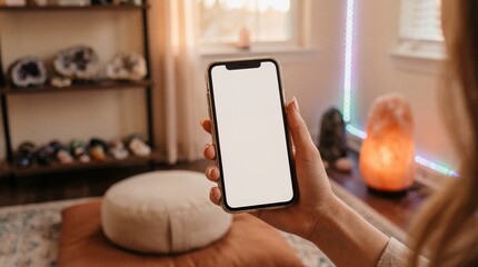 Woman holding smartphone with blank screen in peaceful indoor setting
