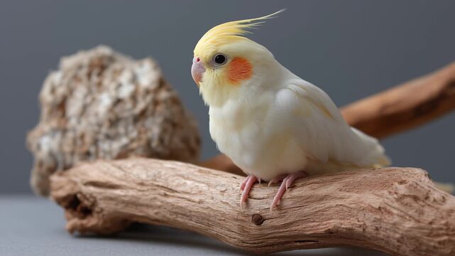 Beautiful white cockatiel perched on a branch in a serene indoor setting