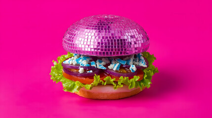A tasty cheeseburger meal featuring a beef patty with lettuce, tomato, and cheese on a sesame bun is served inside a basket alongside colorful Easter eggs nestled in a nest