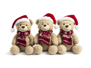 Three teddy bears wearing Santa hats and scarves sitting on white background