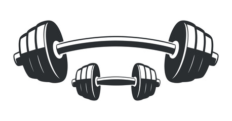 a detailed black and white illustration showcases a barbell and a pair of dumbbells representing strength training and fitness equipment