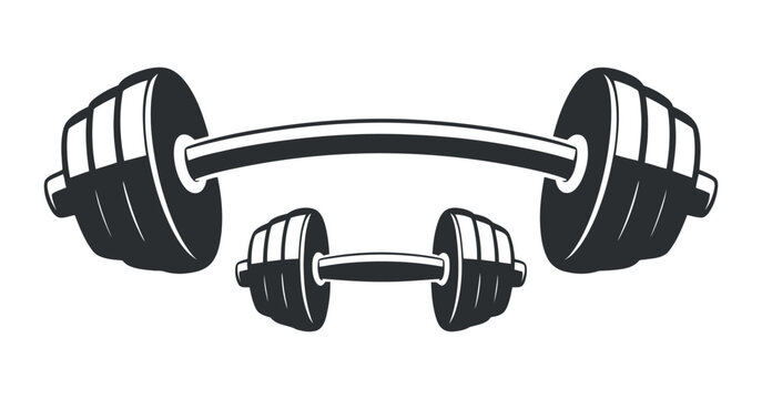 a detailed black and white illustration showcases a barbell and a pair of dumbbells representing strength training and fitness equipment