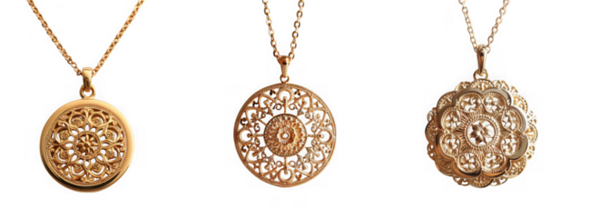 Three gold pendants on chains with intricate designs isolated on transparent background