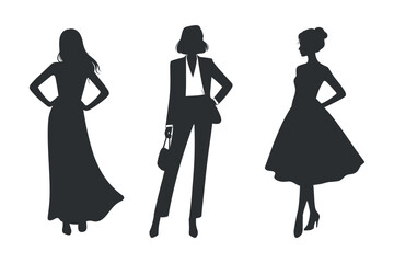 a simple black and white illustration depicts three elegant women in silhouette each showcasing distinct fashion styles and poses for a design