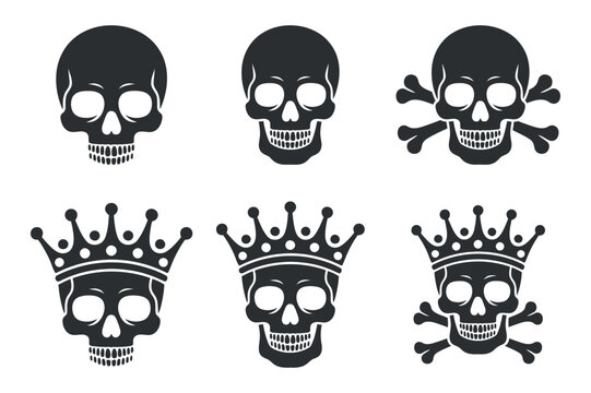 a collection of black and white skull and crown illustrations depicted in a graphic style arranged in a simple grid pattern - Powered by Adobe