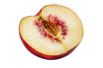 Half of a ripe nectarine fruit isolated on transparent background. Fresh juicy nectarine halved revealing ripe flesh and stone isolated on white background.