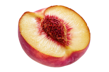 Ripe nectarine cut in half showing juicy flesh and pit isolated on transparent background. Fresh ripe nectarine cut in half revealing juicy isolated on white background.