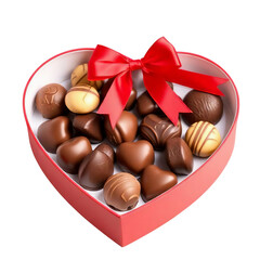 Heart shaped box filled with assorted chocolates and adorned with a red ribbon