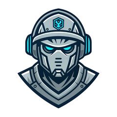 Flat Vector Robotic Soldier Head Mascot, Metallic Grey and Neon Blue, Esport Crest, Symmetrical Face Design