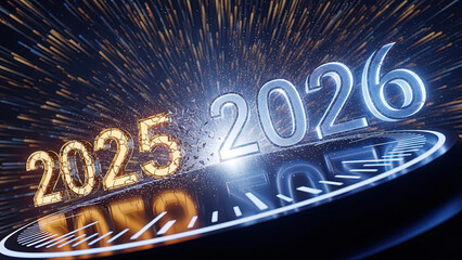 	Year 2025 Breaking Apart to Reveal 2026 in Digital Abstract Background for New Future Concept with Copy Space	"2026