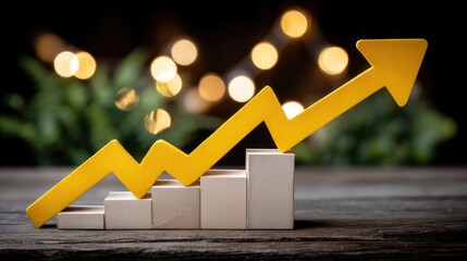 Stock market growth graph with upward arrow and dark background showing financial success and advancement