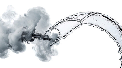 	Dynamic Water Splash and Dark Smoke Collision on White Background Representing Environmental Contrast	"water