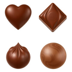 Four distinct chocolate bonbons in various shapes including heart square and round