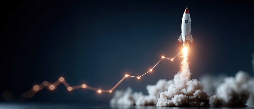 Glowing graph line and rocket symbolizing growth in business and energy sectors on dark blue background