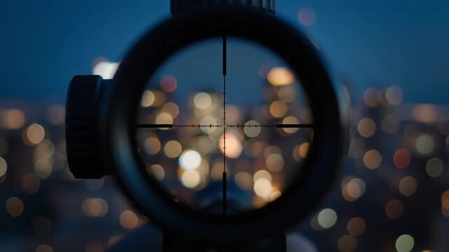 Rifle Scope Crosshairs Focusing on Blurry City Lights at Night