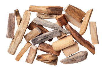 Pile of dried wood pieces isolated on transparent background. Pile of natural wood fragments bark pieces rustic texture isolated on white background.