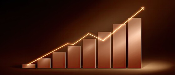 Glowing orange line graph rises while a rocket launches, showing upward trends in performance and success against a dark background