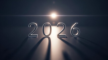 	"2026 Year Concept with Shiny Metallic Numbers and Dramatic Light on Dark Background