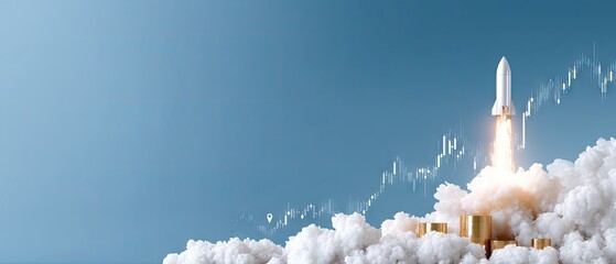 Golden rocket takes off from coins against blue background with stock chart and market symbols representing financial growth and business success