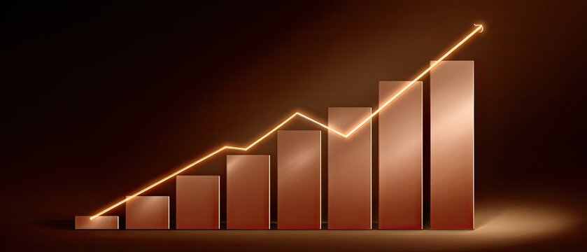 Glowing orange line graph rises while a rocket launches, showing upward trends in performance and success against a dark background - Powered by Adobe