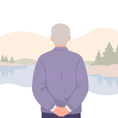 Elderly man near riverbank. Senior sitting by lake. Older man enjoying nature. Elderly hiker resting by water. Elderly set