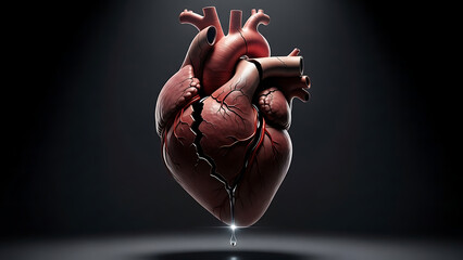 Realistic human heart anatomy illustration with dramatic lighting on a dark background
