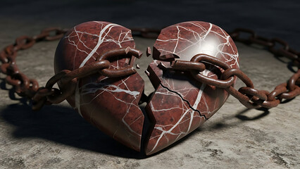 Broken heart concept with chains and cracked marble