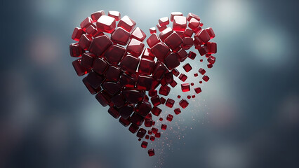 Disintegrating ruby heart with glittering red gems on dark background