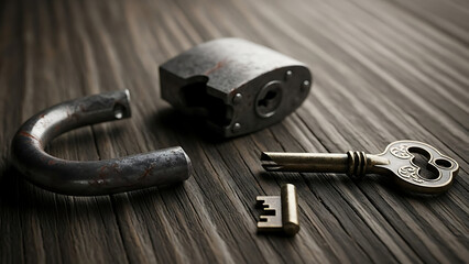 Vintage lock and keys on wooden surface