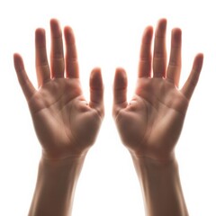 Close-up of two open hands reaching up with warm light from behind against a white background, symbolizing hope and connection.
