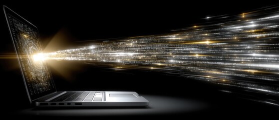 Laptop shows rocket launching from screen with data flow in high definition against a golden and white background