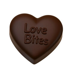 Dark chocolate heart candy with embossed 'Love Bites' text
