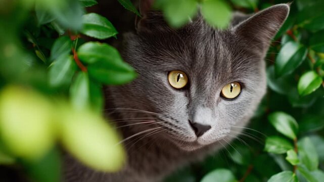 Gray cat exploring lush green foliage in a sunny garden