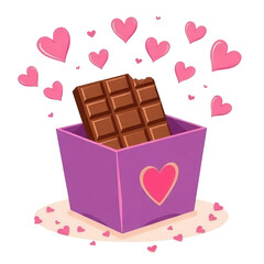 Chocolate bar with bite mark in purple box with hearts